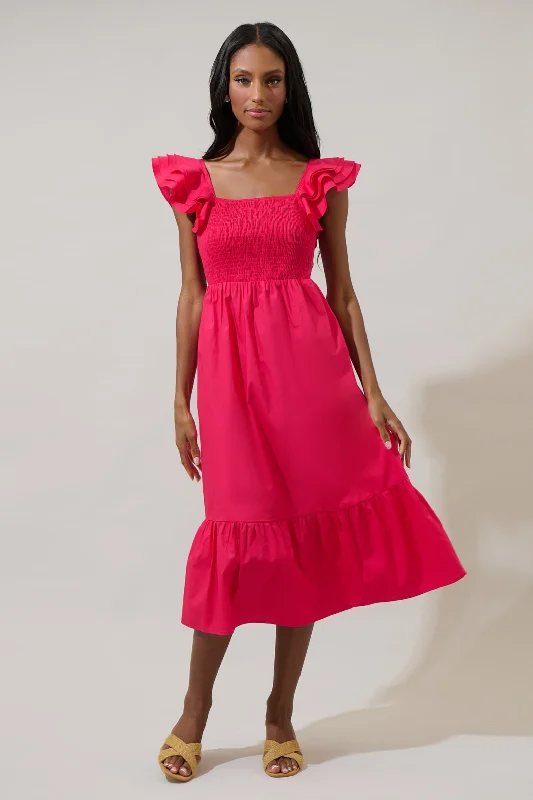 Girona Smocked Ruffle Midi Dress