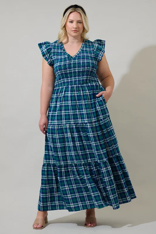 Buckley Plaid Sunfire Smocked Bodice Tiered Midi Dress Curve