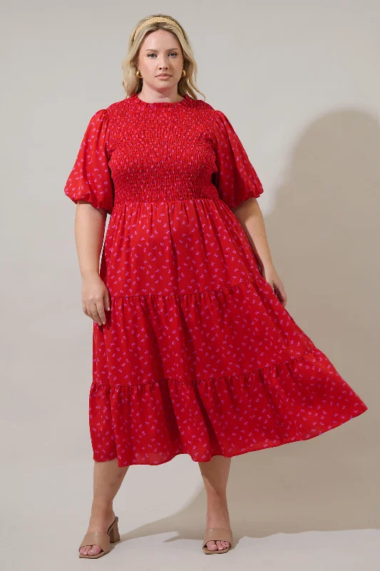 Tayla Bow Frazier Smocked Tiered Midi Dress Curve