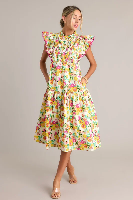 Blossoming Love 100% Cotton Yellow Floral Midi Dress