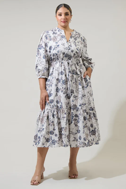 Bryony Floral Zinnia Split Neck Midi Dress Curve