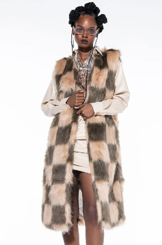 PAY TRIBUTE CHECKERED FAUX FUR VEST