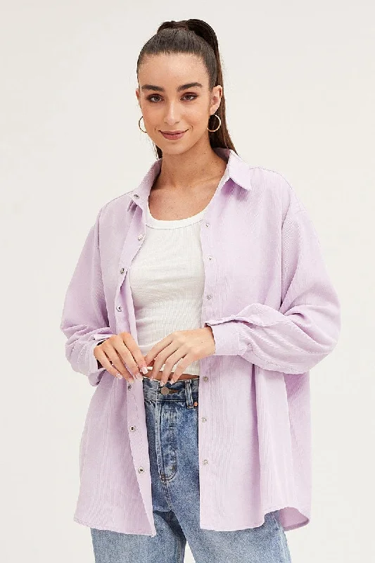 Purple Shirt Top Long Sleeve Collared Corduroy