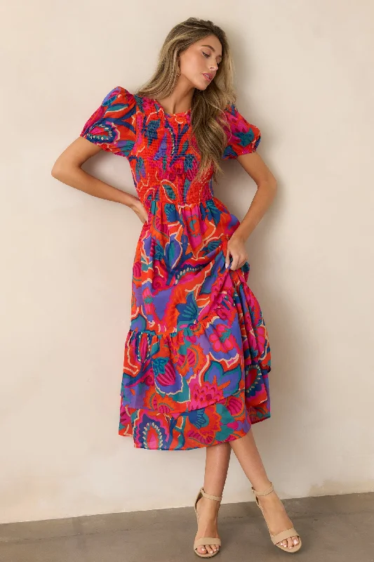 Catching Flights 100% Cotton Orange Multi Print Midi Dress