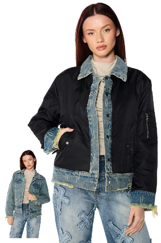 WORTH THE WAIT REVERSIBLE DENIM BOMBER JACKET