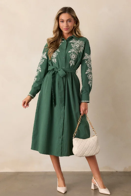 Leaves Of Tomorrow 100% Cotton Forest Green Long Sleeve Midi Dress