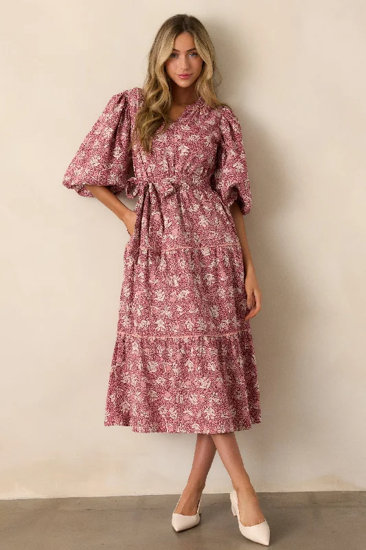 Rustic Allure 100% Cotton Dark Sangria Floral Midi Dress