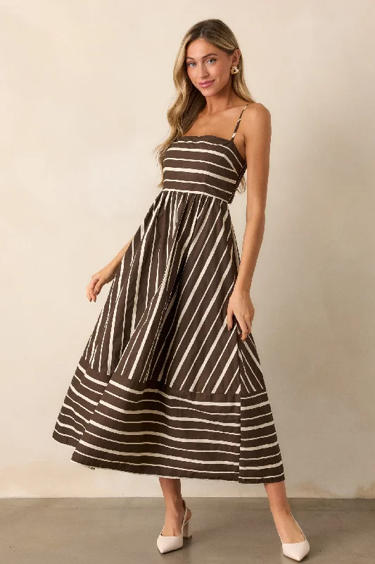 The Art of Balance 100% Cotton Brown Stripe Sleeveless Midi Dress