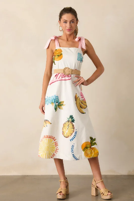 Take A Chance 100% Cotton Ivory Tropical Fruit Print Midi Dress