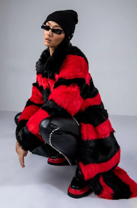 RED AND BLACK FAUX FUR LONG JACKET