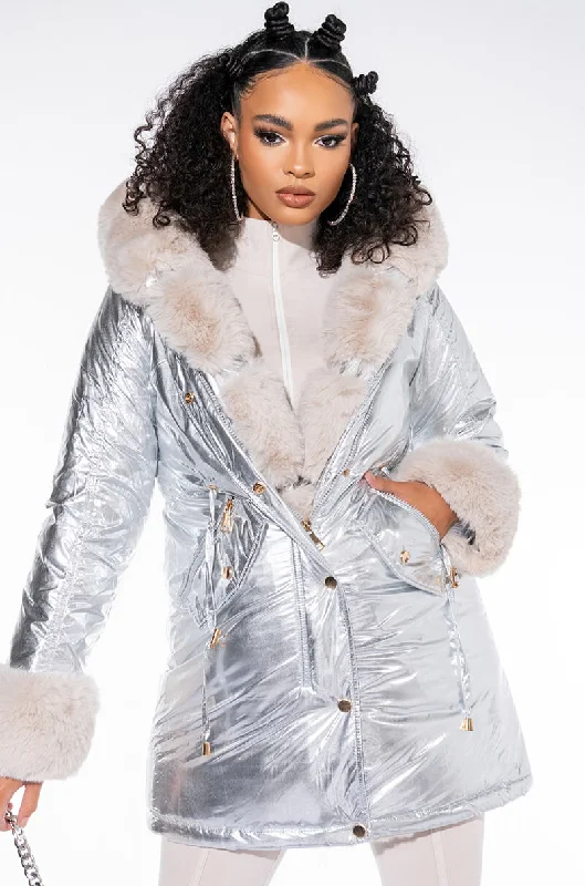 HYATT SILVER PUFFER WITH FAUX FUR TRIM