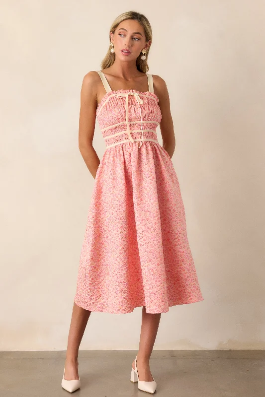 Petal Waltz Pink Coral Floral Jacquard Midi Dress