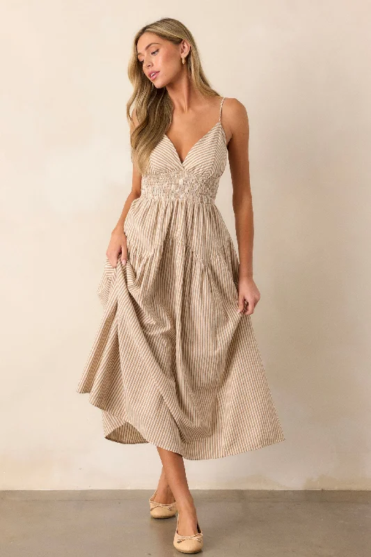 Sweet Harmony Tan Stripe Sleeveless Midi Dress