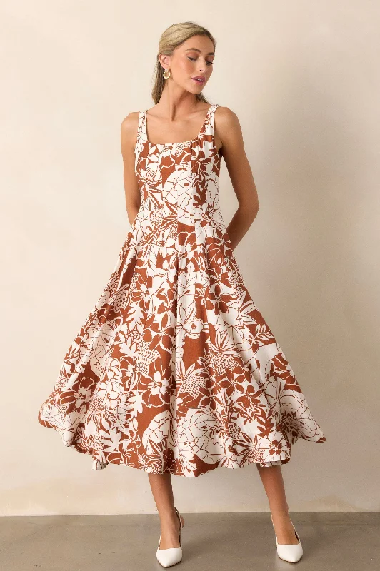 Young Love Caramel Floral Midi Dress