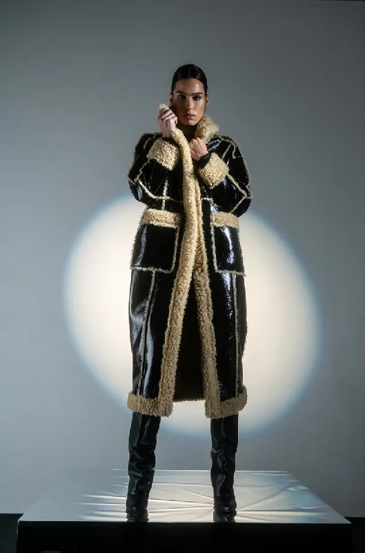 LONG PATENT TRENCH COAT WITH FUR TRIM