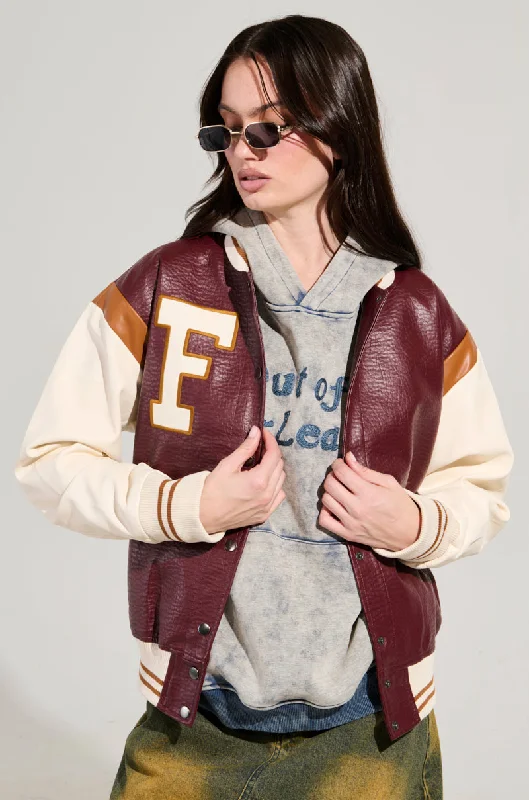 ROCKIT FAUX LEATHER VARSITY BOMBER