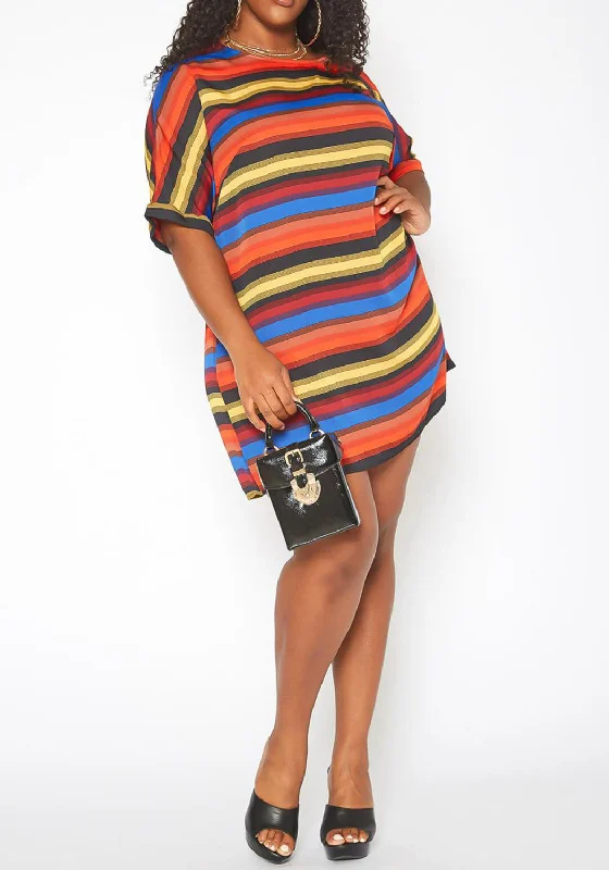 Hi Curvy Plus Size Women Multi Striped Shift Mini Dress