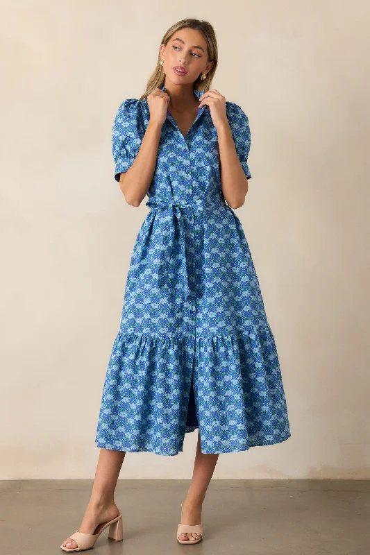 Orchid Waters 100% Cotton Blue Floral Button Front Midi Dress