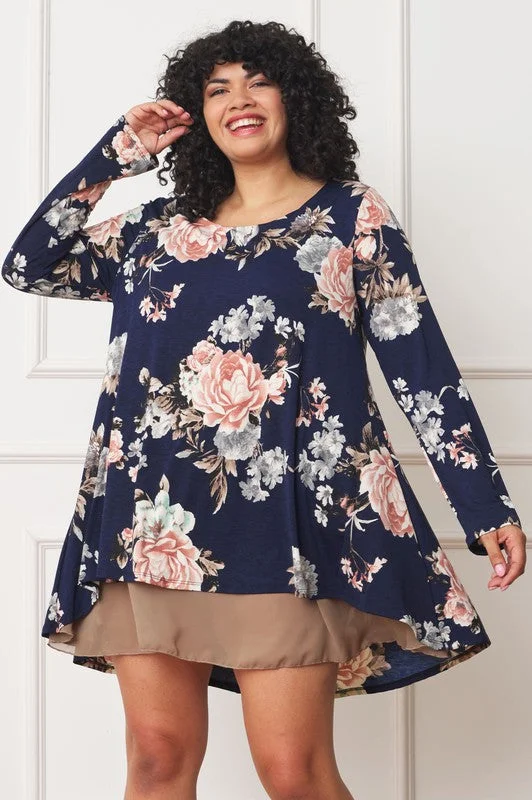 Plus Size Long sleeves round neck Floral Chiffon Layered Mini Dress