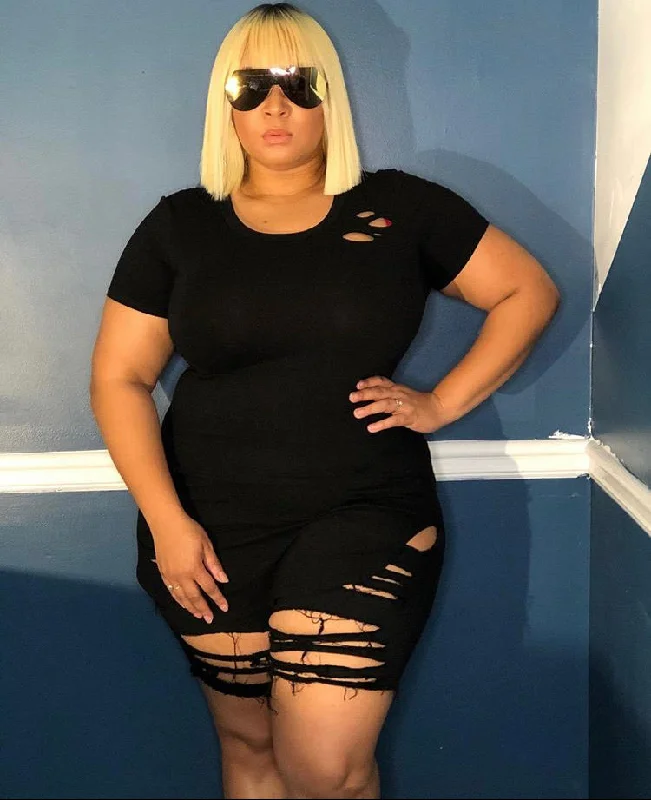 Plus Size Distressed Mini Dress in Black