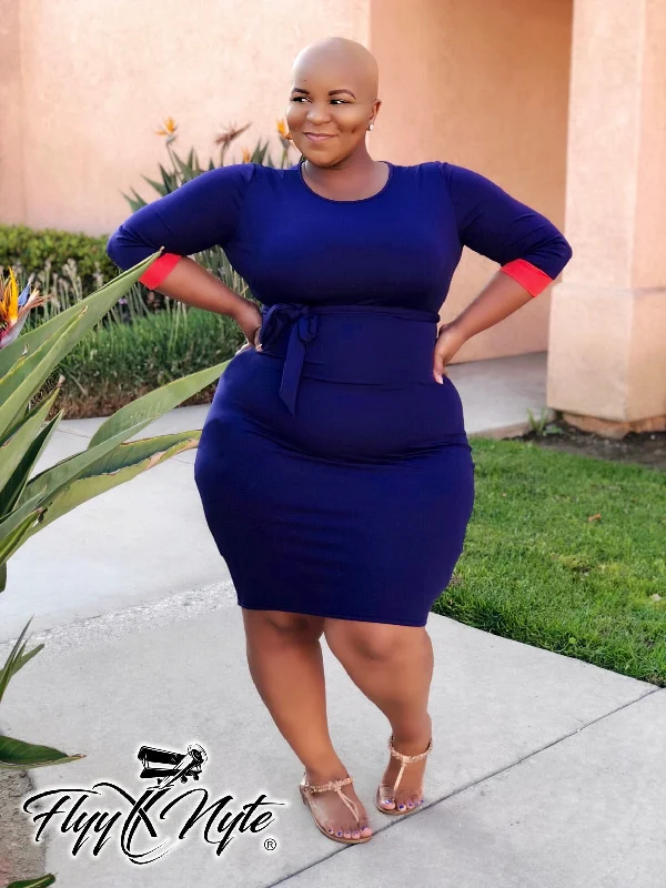 Plus Size 3/4 Sleeve Mini with Attached Tie in Navy Blue