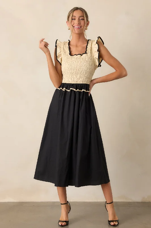 Endless Love 100% Cotton Ivory & Black Smocked Midi Dress