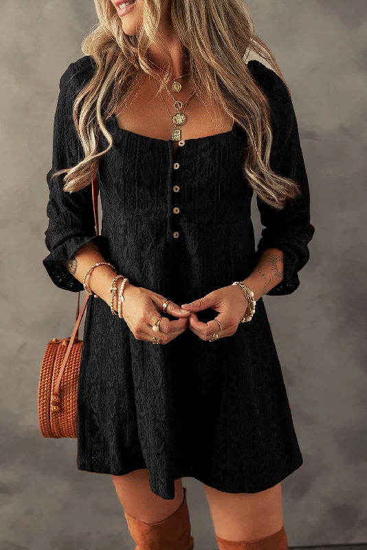 Black Lace Crochet Buttoned Square Neck Mini Dress