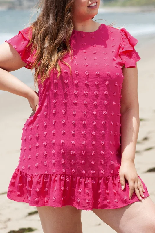 Strawberry Pink Plus Size Swiss Dot Short Ruffle Sleeve Mini Dress