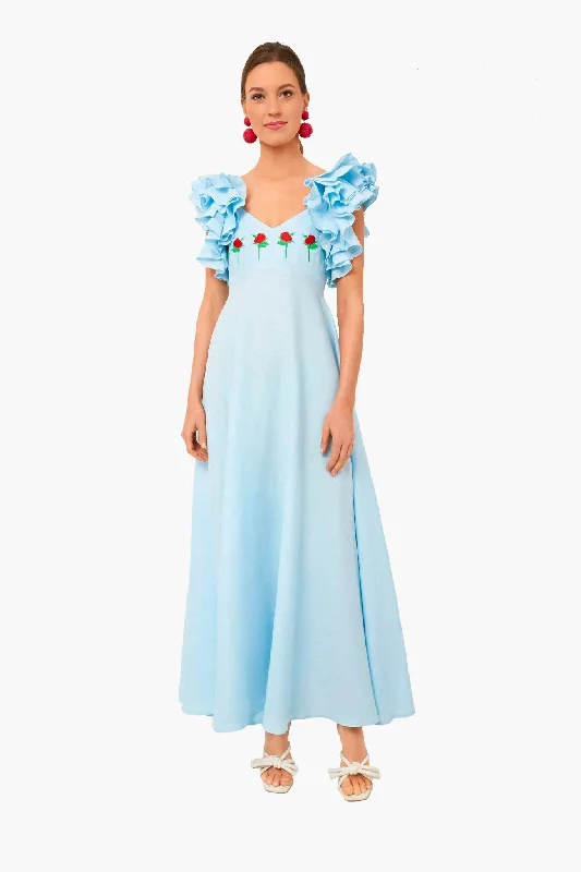 Light Lagoon Demre Linen Embroidered Maxi Dress