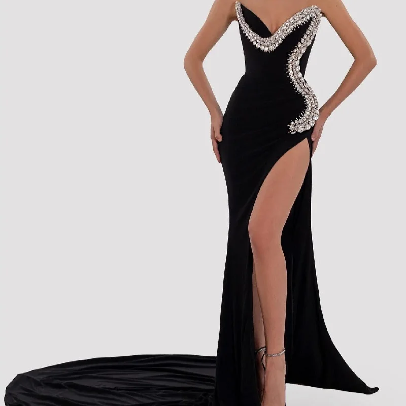 KittenAlarm - Pauline Strapless Crystal Embellishment Side Slit Maxi Dress