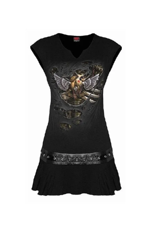 Steam Punk Ripped - Stud Waist Mini Dress Black