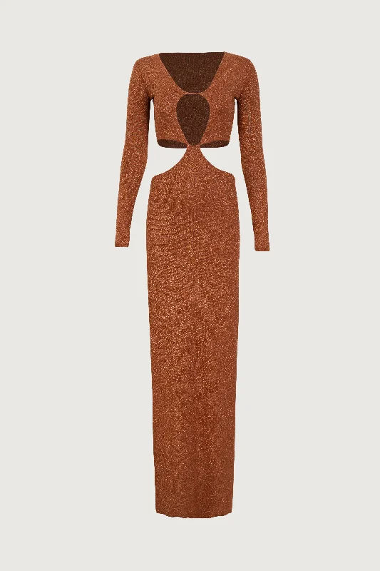 Long Sleeve Cut Out Maxi Dress (Mocha Lurex)