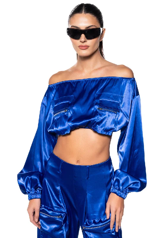 VIOLET DREAMS OFF SHOULDER POCKET DETAIL CROP TOP