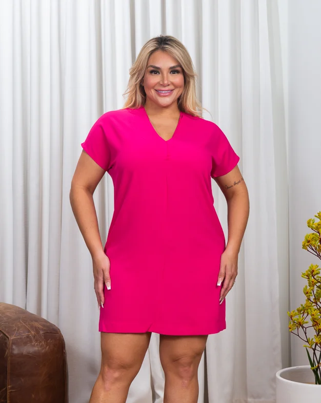 Plus Size Relaxed Fit V Neck Soft Crepe Tunic Style Mini Dress (HL432244MI-PLUS)