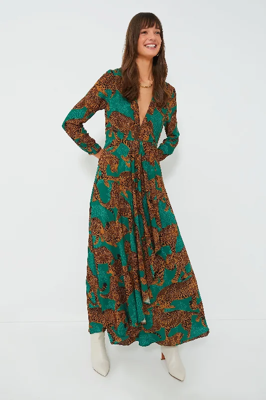 Artsy Leopards Green Long Sleeve V Neckline Maxi Dress