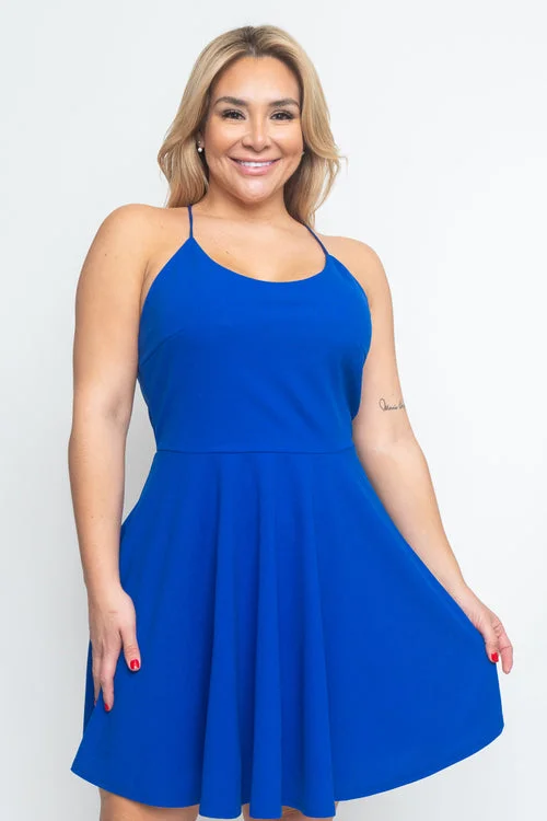 Plus Size Halter Skater Mini Dress with Low Criss Cross Back and Full Lining (CD21144P)