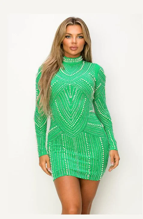 Take Me Out Daddy Rhinestones And Pearls Mini Green Party  Dress