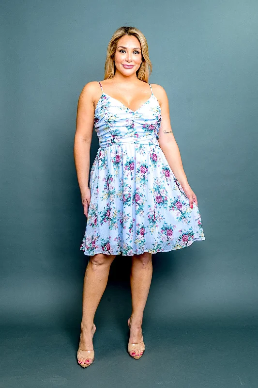 Plus Size 'Tea Party' Floral Print Spaghetti Strap V Neck Ruched A-Line Mini Dress* (CD40067P)