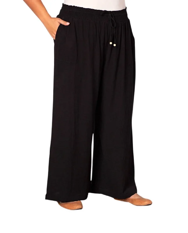 Solid Drawstring Cotton Rayon Pants - Plus In Black