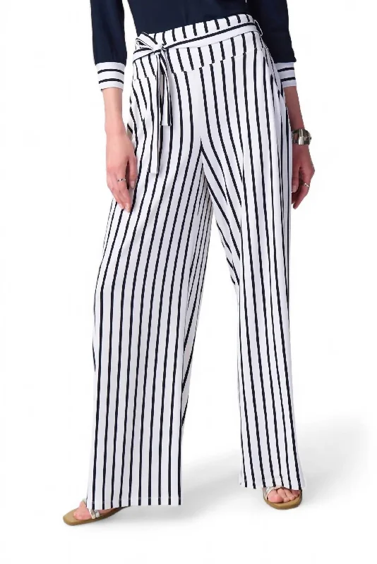 Striped Silky Knit Wide Leg Pants In Vanilla/midnight Blue