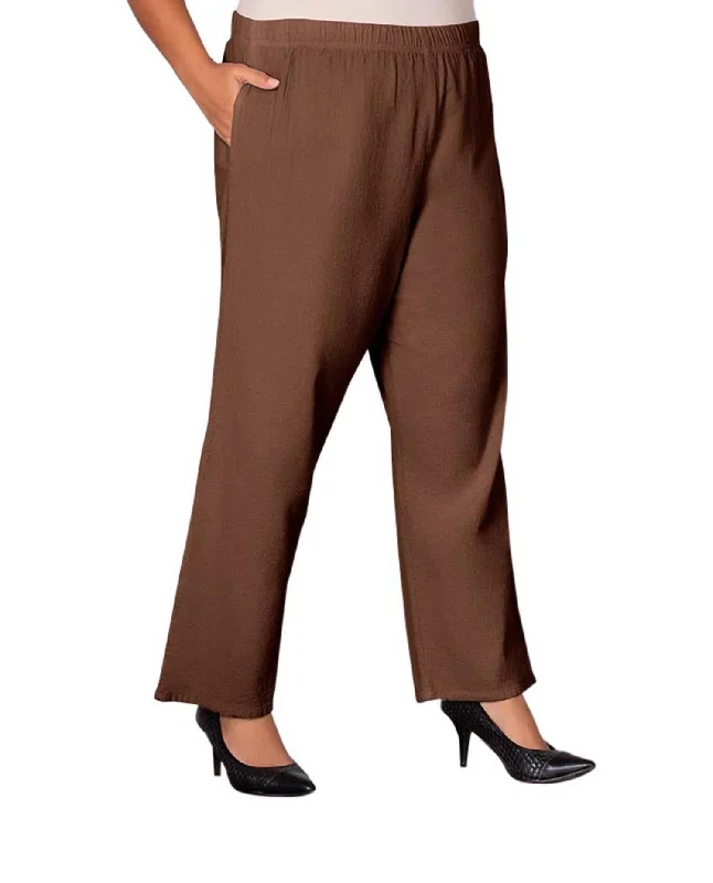 Wide Leg Crinkle Cotton Pants - Plus In Brown