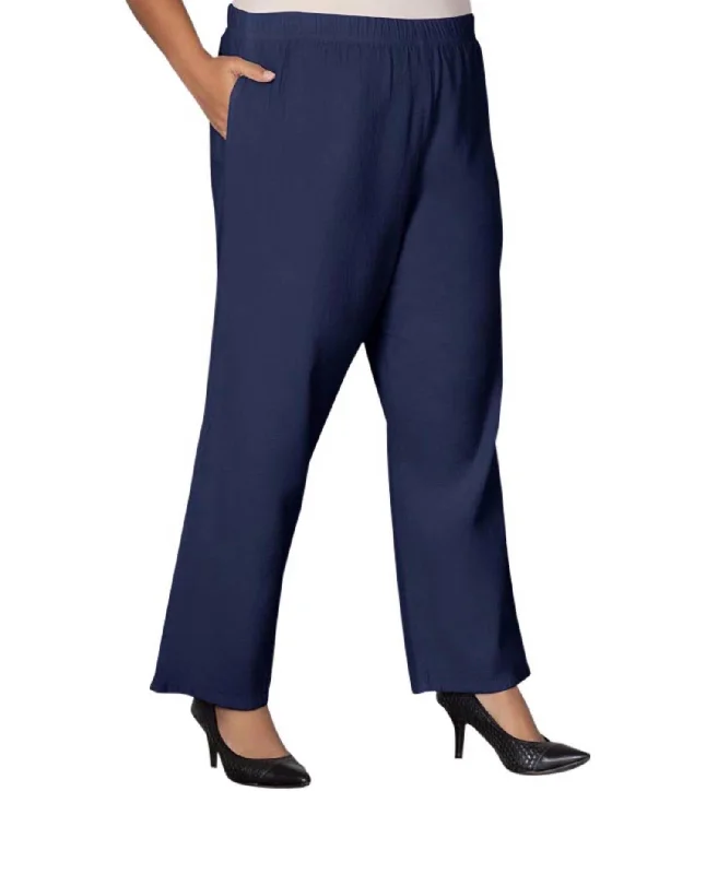 Wide Leg Crinkle Cotton Pants - Plus In Navy