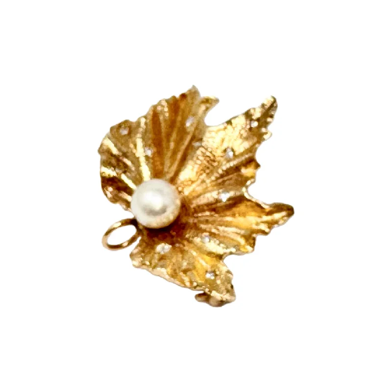 14K Gold Leaf Pin with Pearl and Diamonds