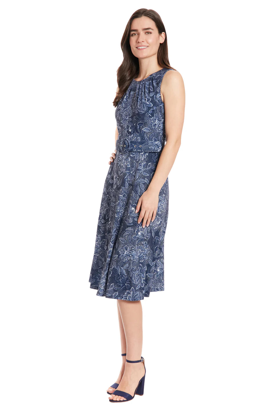 London Times Belted Jersey BAtik Dress | Navy/Ivroy