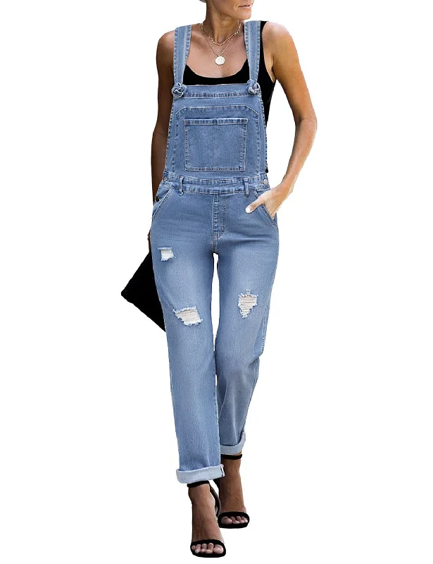 Blue Cuffed Hem Ripped Bib Denim Overall Jumpsuit