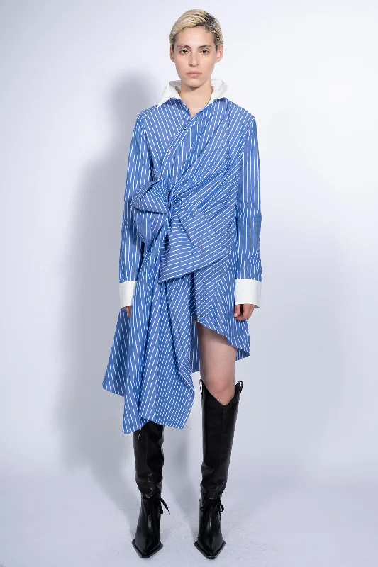 BLUE STRIPED SHIRT DRESS WITH SIDE BOW