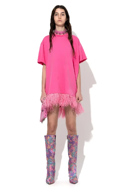 BRIGHT PINK FEATHER HEM T-SHIRT DRESS