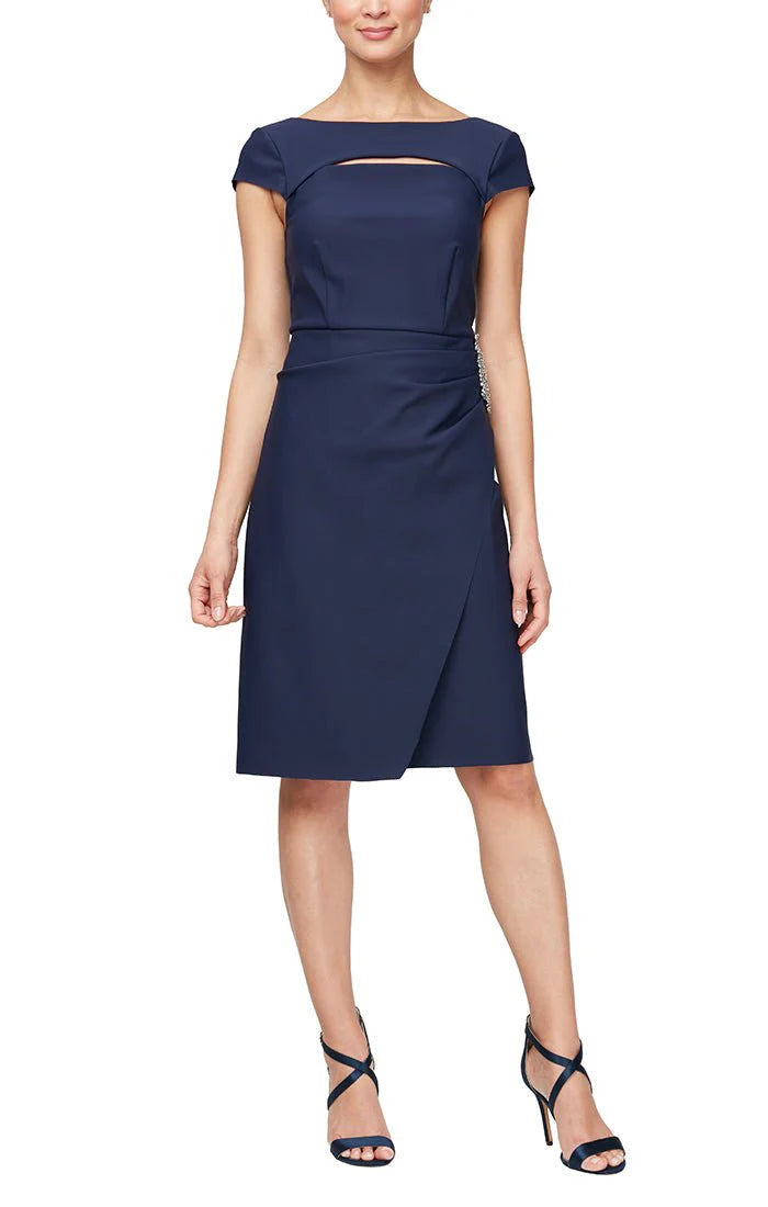 Alex Group Cap Sleeve Sheath with split Neckline & Embellishment  | Navy