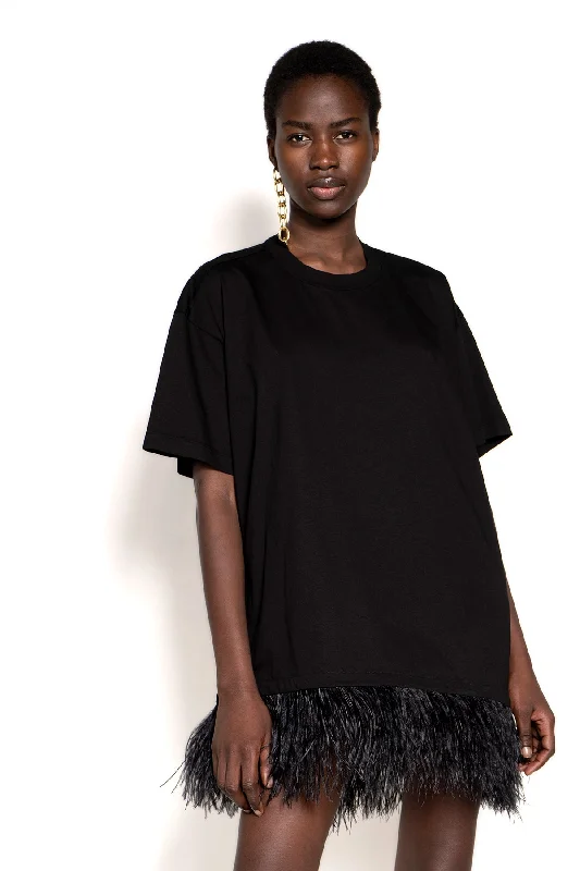 BLACK FEATHER HEM T-SHIRT DRESS