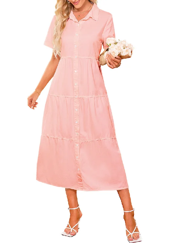 Gossamer Pink Women's Button Down Casual Babydoll Vacation Denim Long Dresses